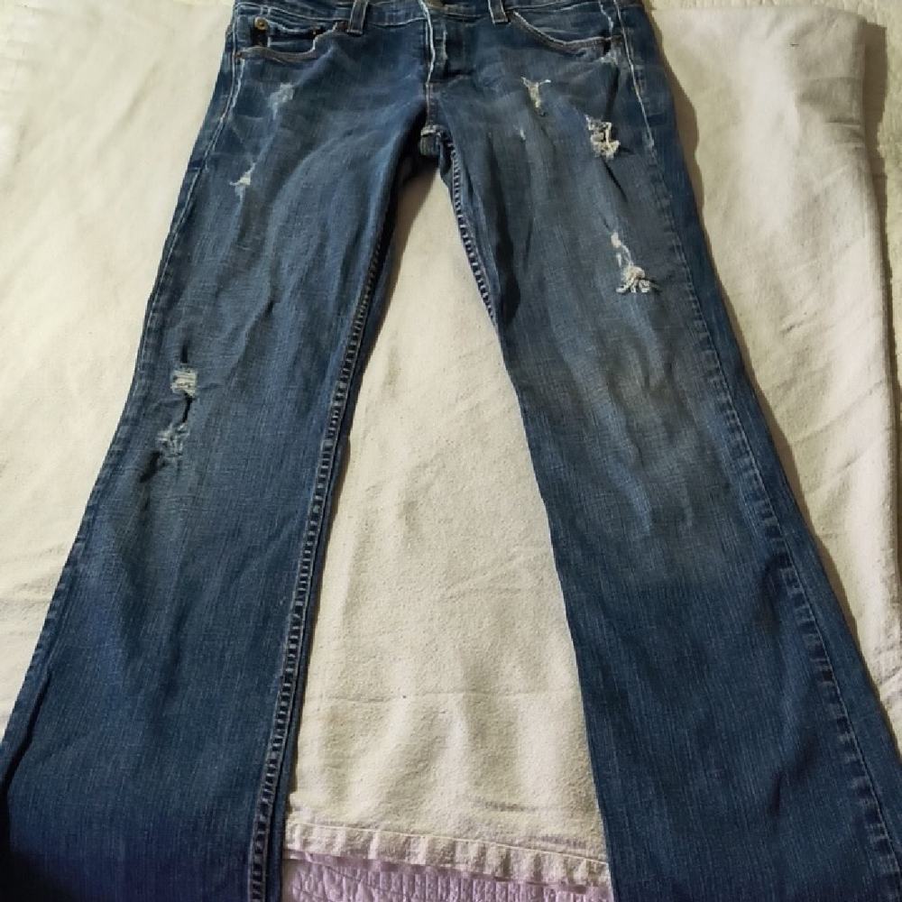 Distressed Straight Leg Jeans - Classic Blue